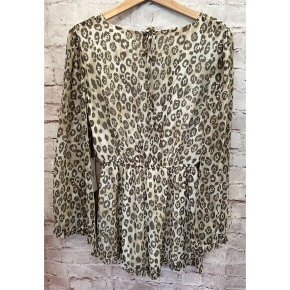 June & Hudson Womens M Cheetah Print Bell Sleeve Romper Olive Ivory Sheer NEW - Picture 2 of 3
